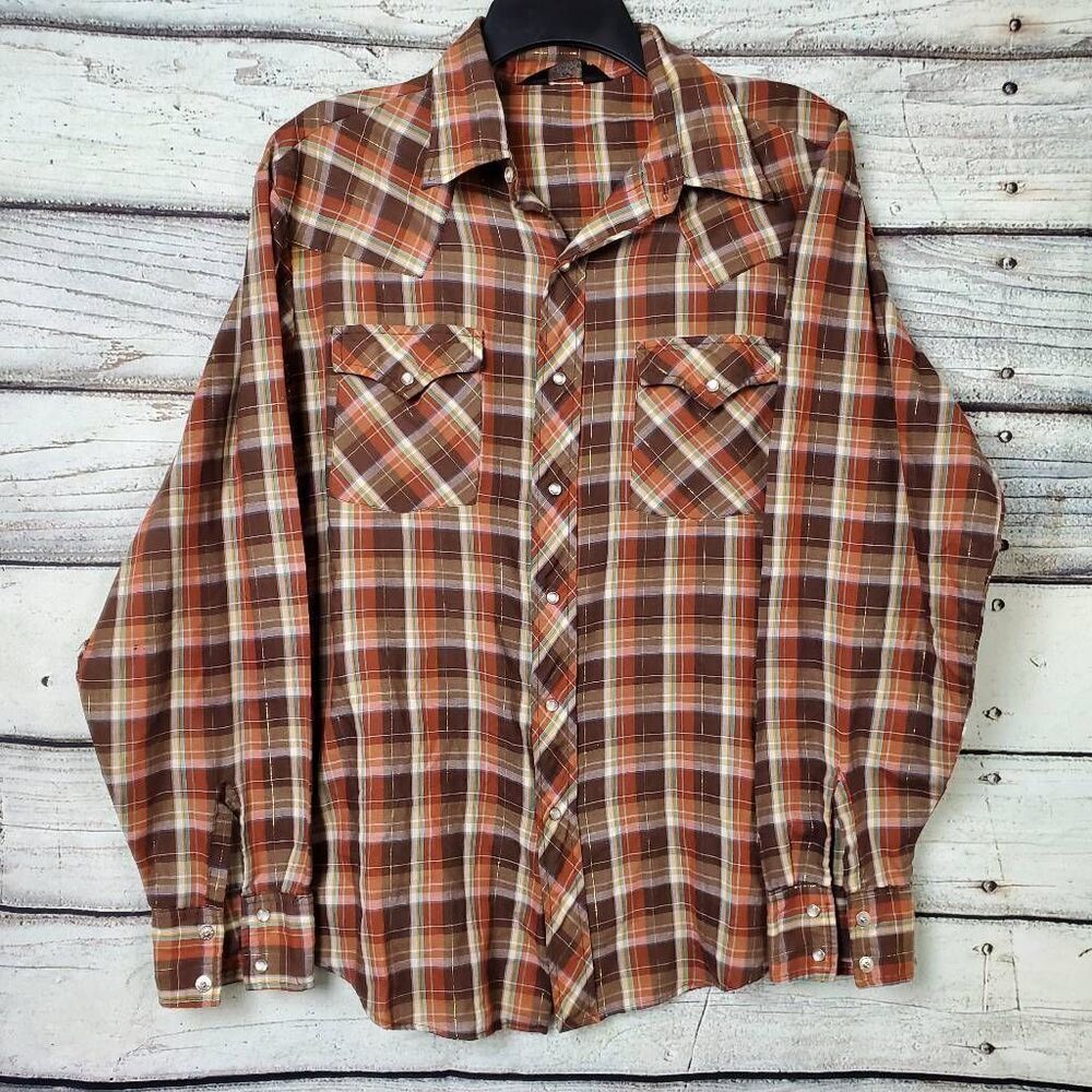 Vintage Dude by Sweet Men’s Western Plaid Snap Shirt Pearl Buttons Brown Orange